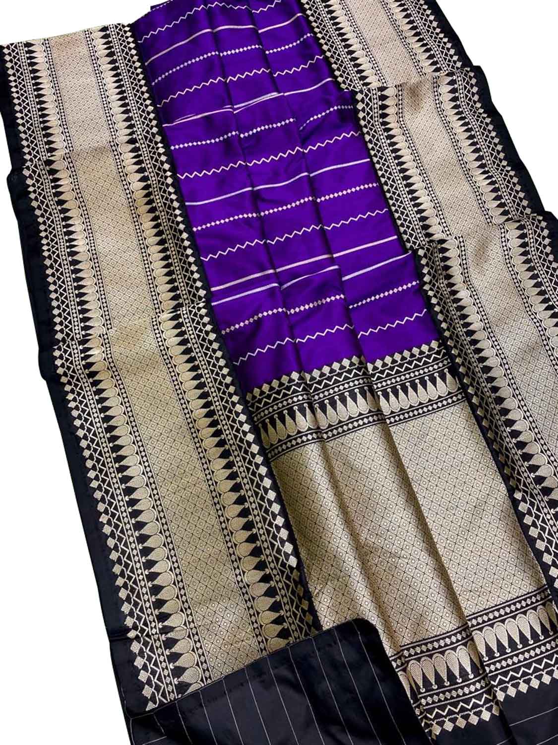 Purple Handloom Banarasi Pure Katan Silk Stripe Design Saree - Luxurion World