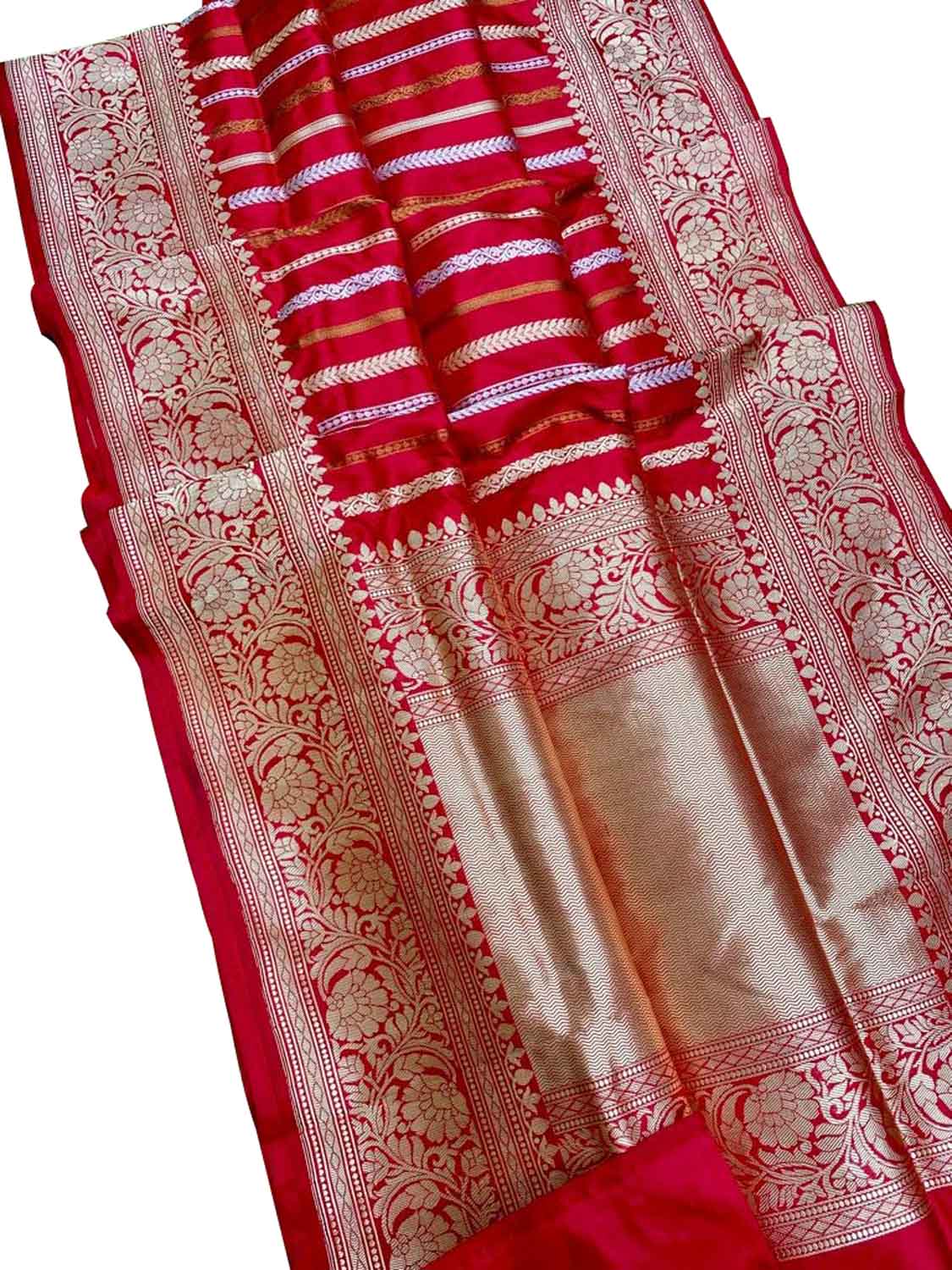 Red Handloom Banarasi Pure Katan Silk Stripe Design Saree - Luxurion World