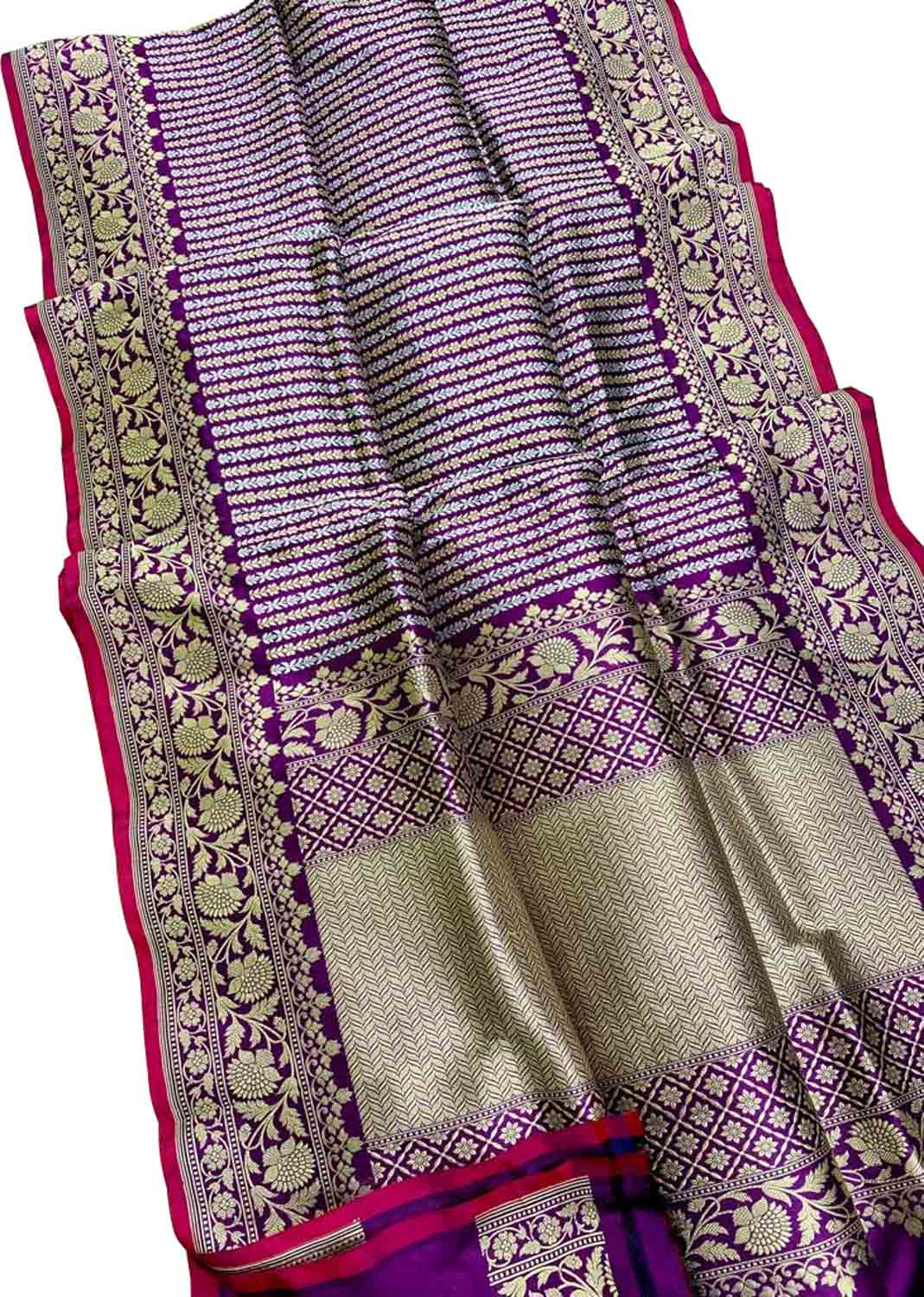 Purple Handloom Banarasi Pure Katan Silk Stripe Design Saree - Luxurion World