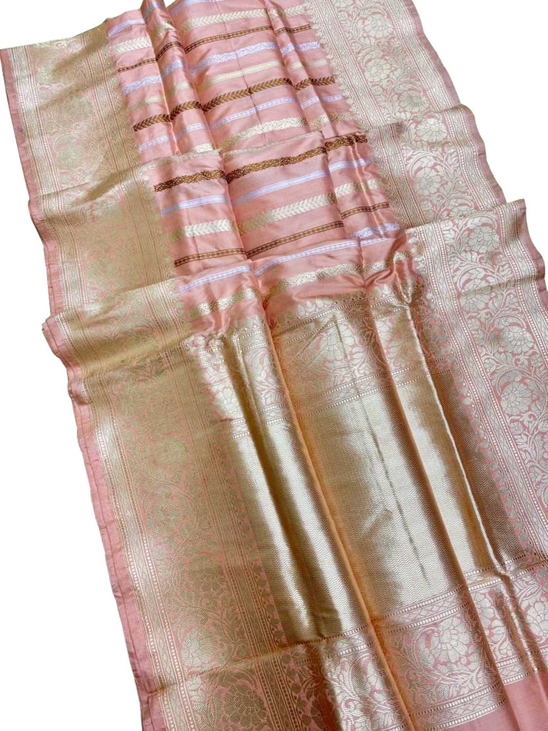 Pink Handloom Banarasi Pure Katan Silk Stripe Design Saree - Luxurion World