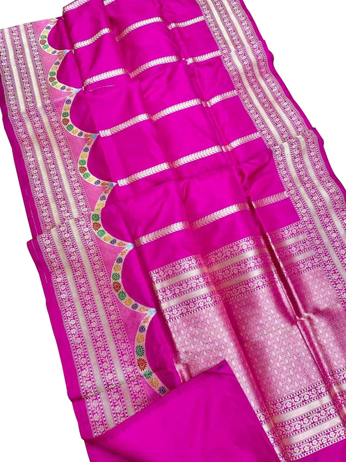 Pink Handloom Banarasi Pure Katan Silk Stripe Design Saree - Luxurion World