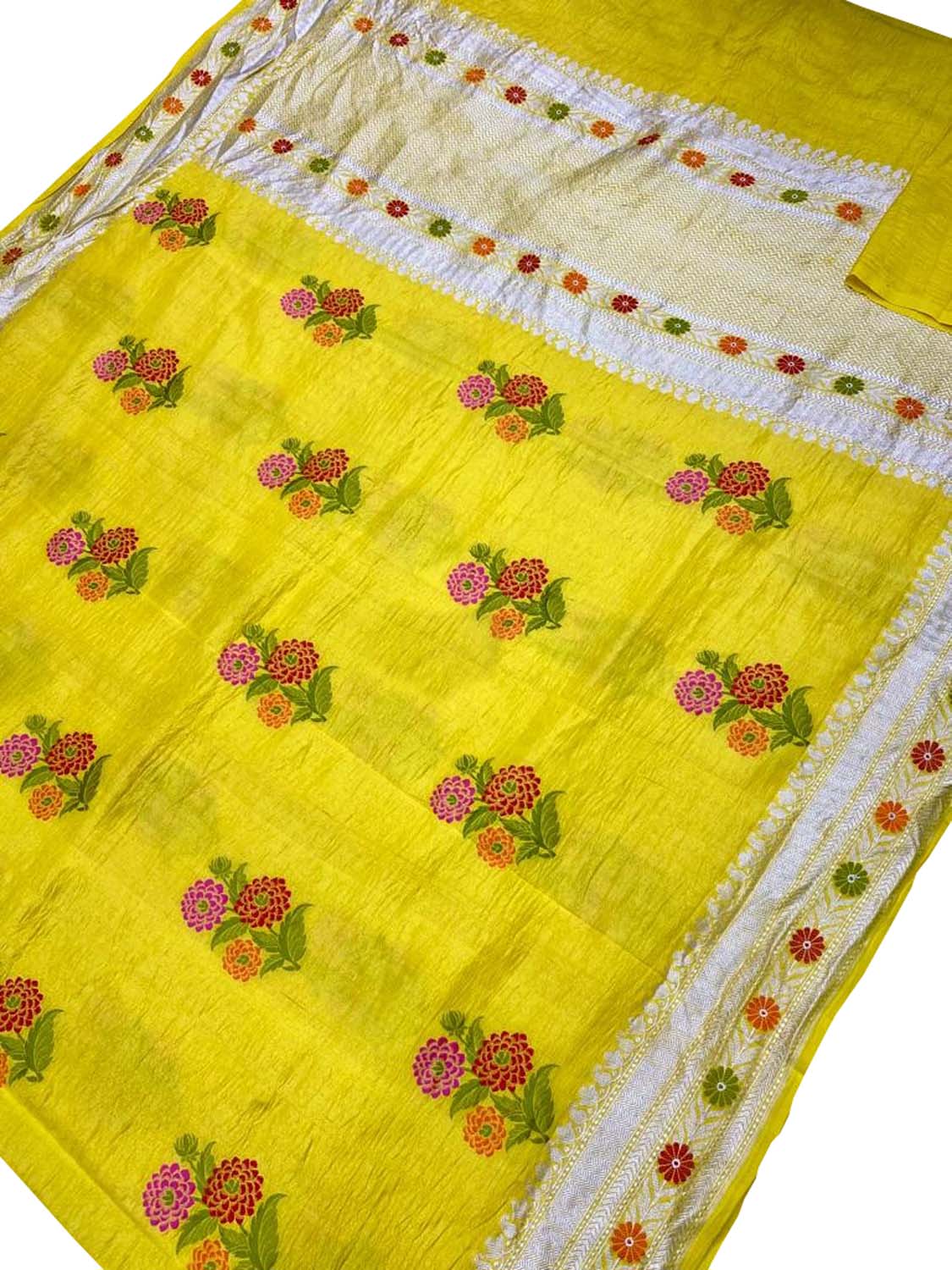 Yellow Handloom Banarasi Pure Tussar Georgette Meenakari Saree - Luxurion World
