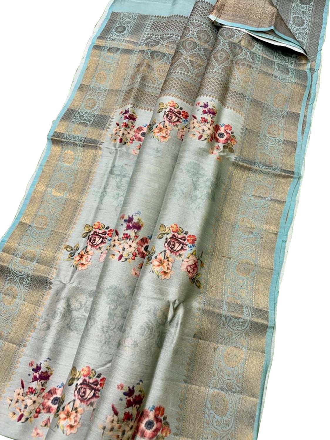 Grey Handloom Banarasi Pure Tussar Silk Digital Printed Saree - Luxurion World