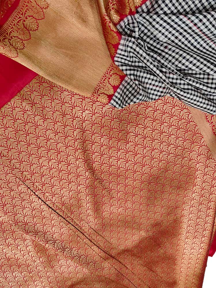 Stunning Black & White Handloom Banarasi Katan Silk Saree with Checks Design - Luxurion World