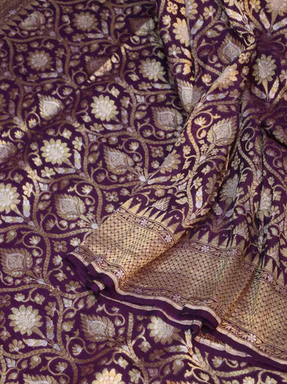 Purple Handloom Banarasi Pure Georgette Sona Roopa Saree - Luxurion World