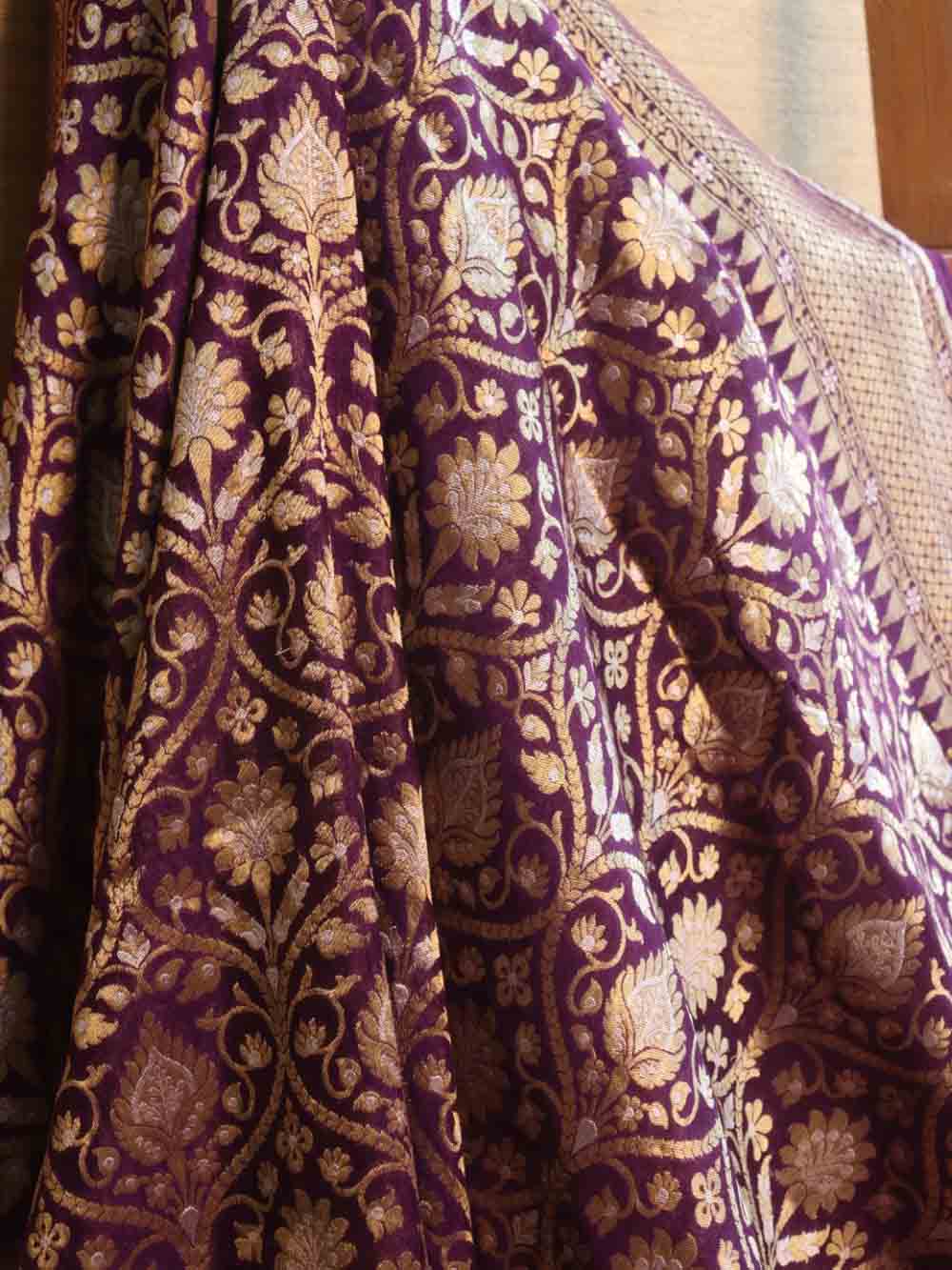 Purple Handloom Banarasi Pure Georgette Sona Roopa Saree - Luxurion World