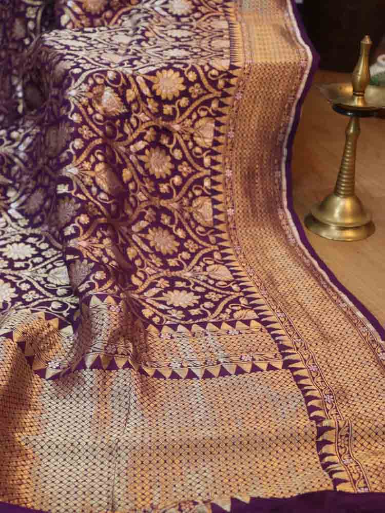 Purple Handloom Banarasi Pure Georgette Sona Roopa Saree - Luxurion World