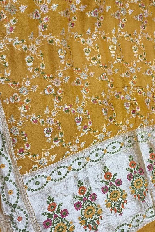 Yellow Banarasi Handloom Tussar Georgette Saree