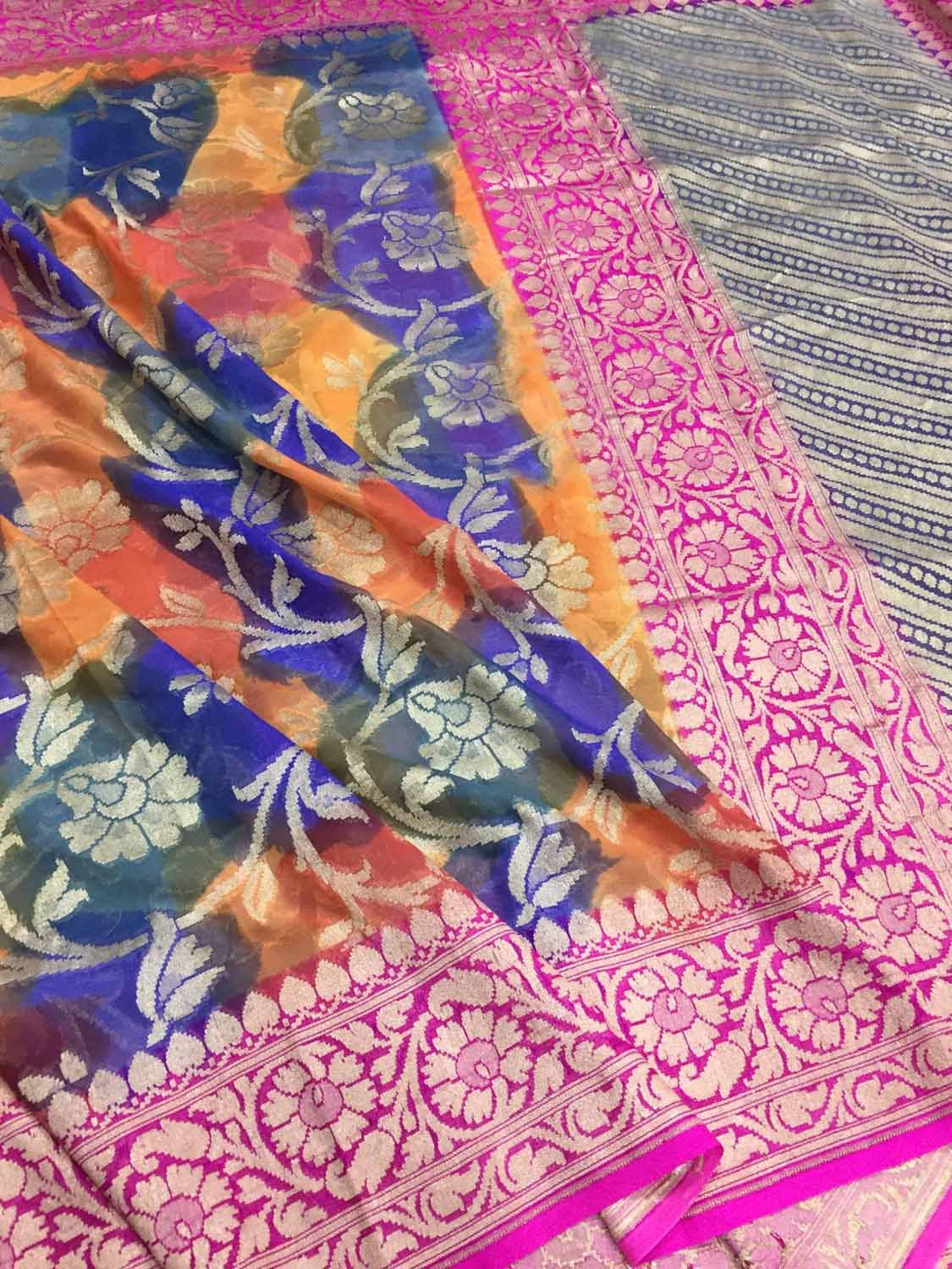 Multicolor Banarasi Handloom Pure Georgette Brush Dyed Saree - Luxurion World