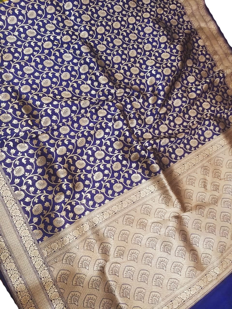 Blue Handloom Banarasi Soft Katan Silk Opara Fully Kariyal Weaved Saree - Luxurion World