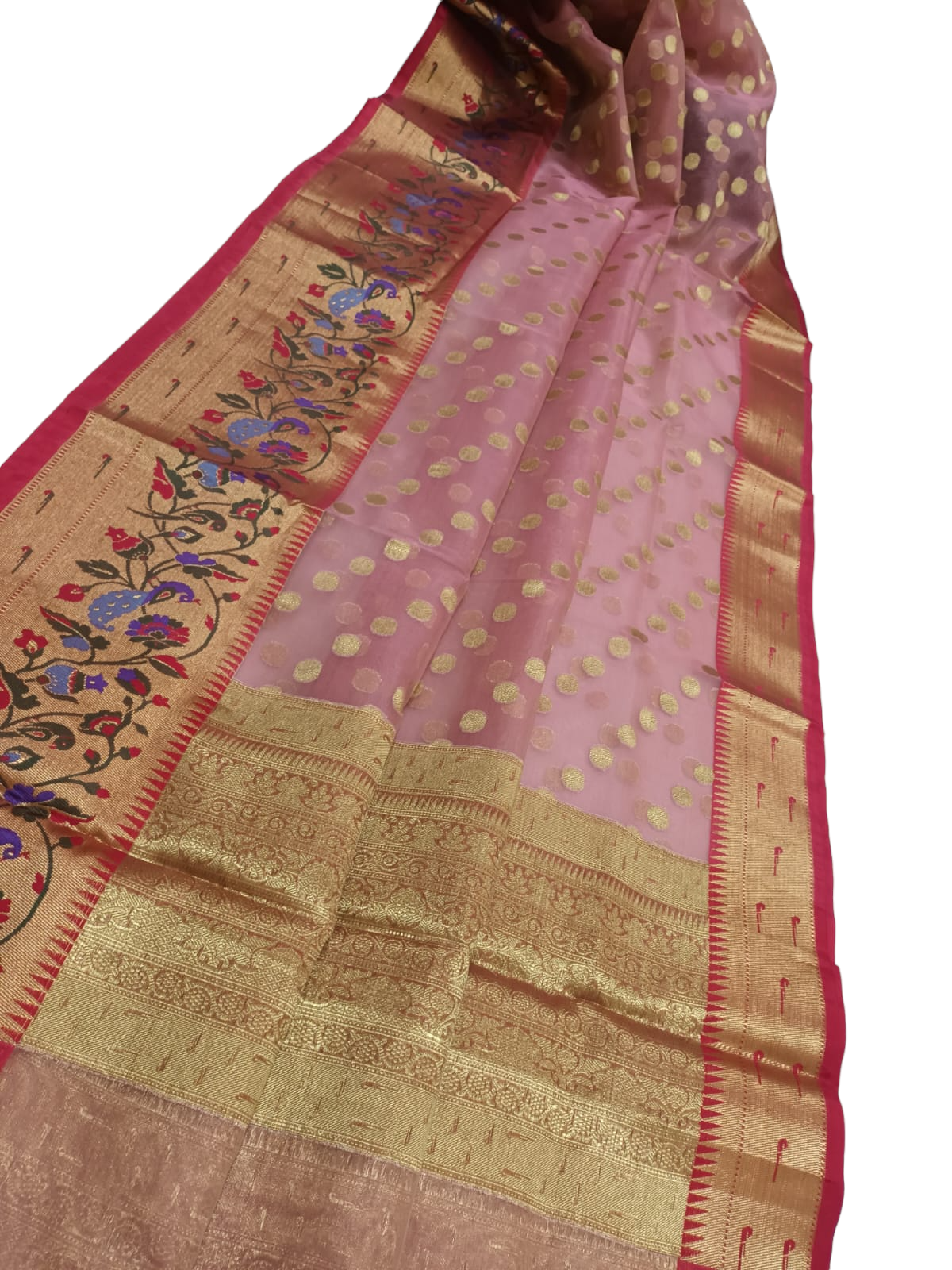 Pink Banarasi Organza Kora Silk Paithani Border Saree - Luxurion World
