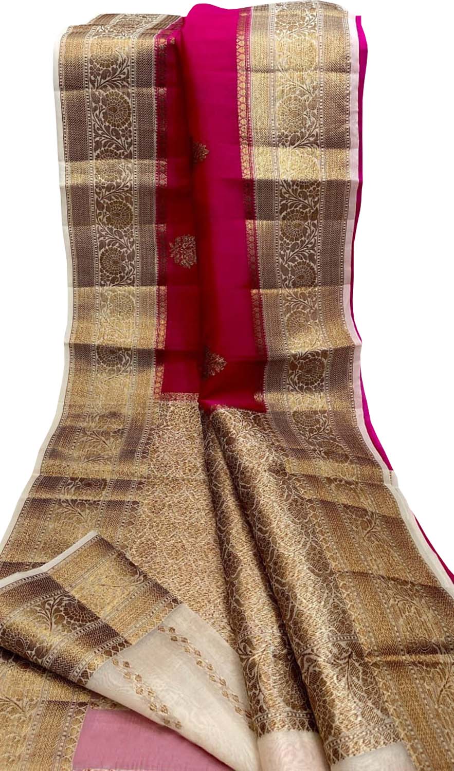 Pink Banarasi Handloom Pure Kora Silk Saree - Luxurion World