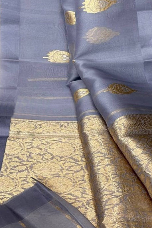 Grey Banarasi Handloom Pure Kora Silk Saree - Luxurion World