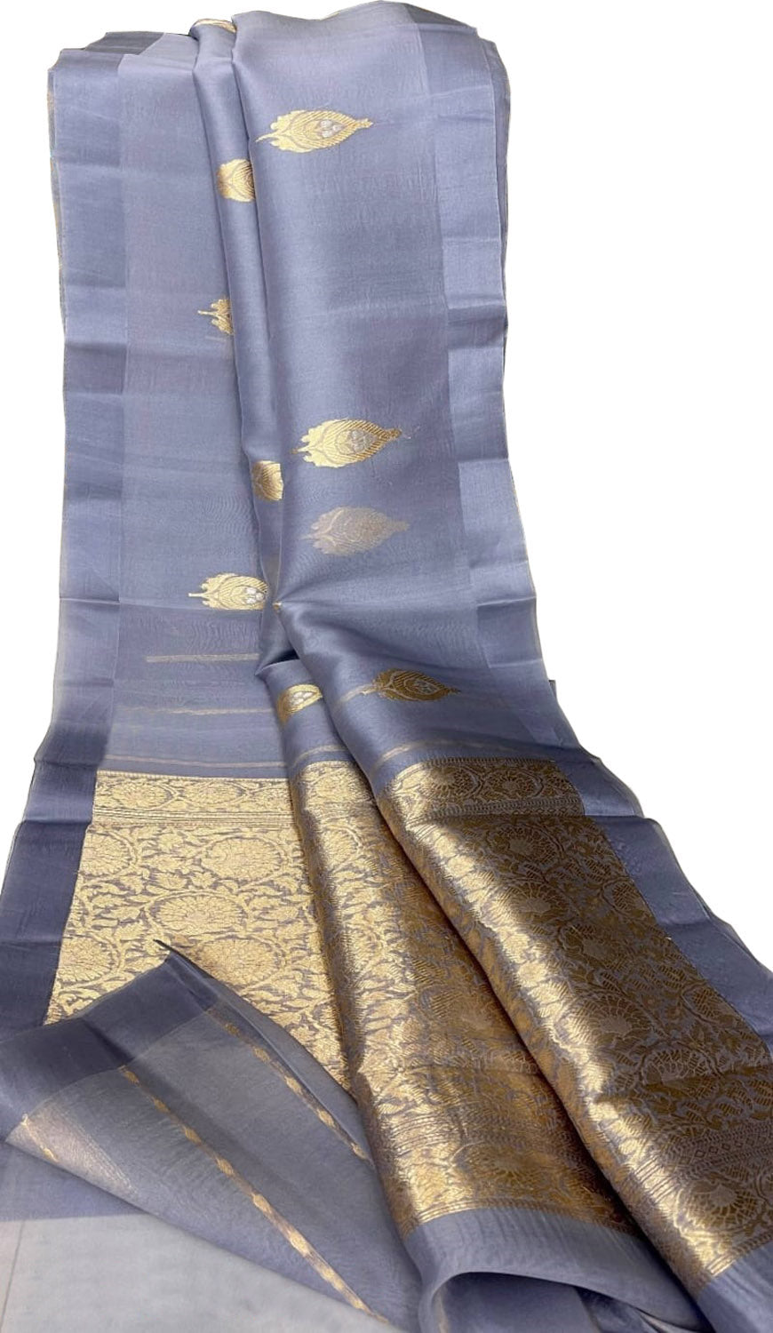 Grey Banarasi Handloom Pure Kora Silk Saree - Luxurion World