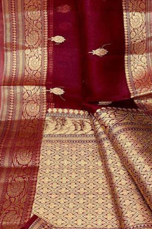 Maroon Banarasi Handloom Pure Kora Silk Saree - Luxurion World
