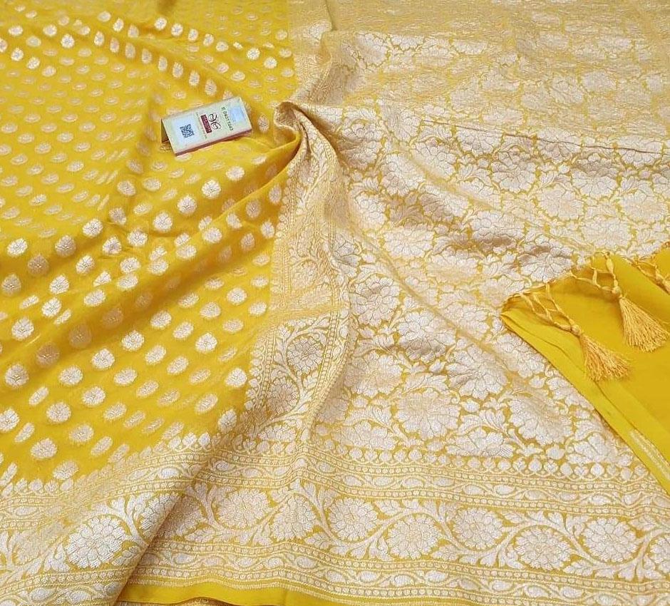 Yellow Handloom Banarasi Khaddi Georgette Saree - Luxurion World