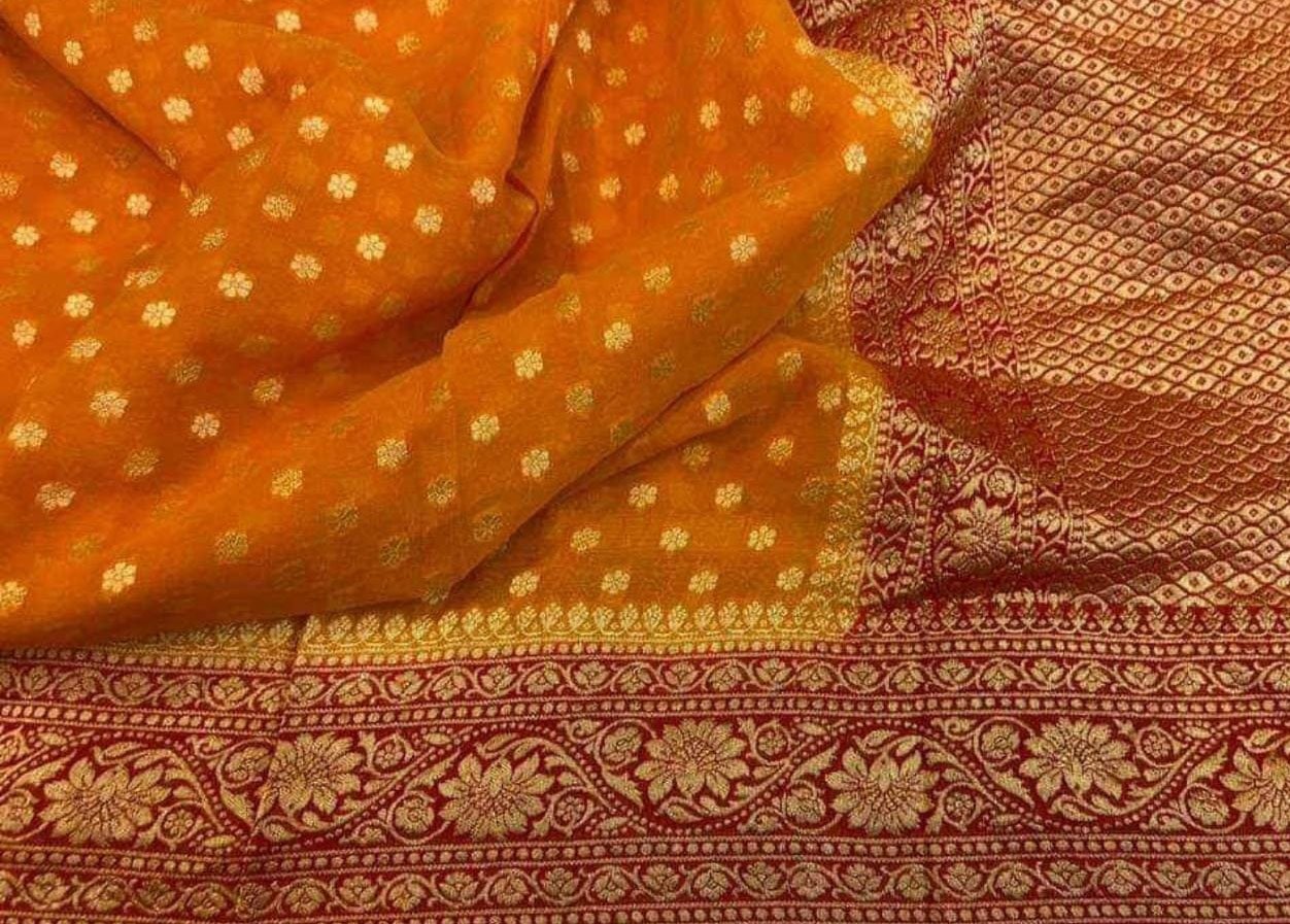 Orange Handloom Banarasi Khaddi Georgette Saree - Luxurion World