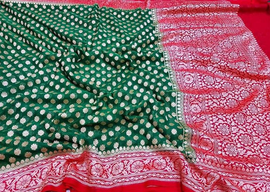 Green Handloom Banarasi Khaddi Georgette Saree - Luxurion World