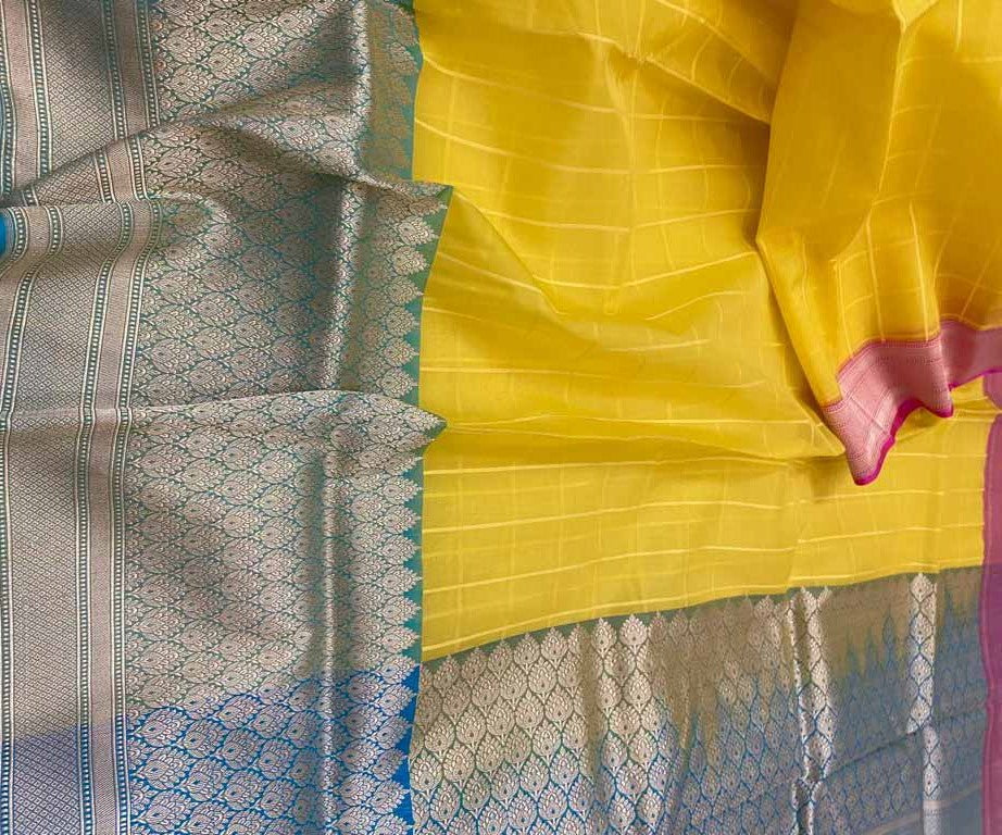 Yellow Handloom Banarasi Kora Organza Silk Saree - Luxurion World