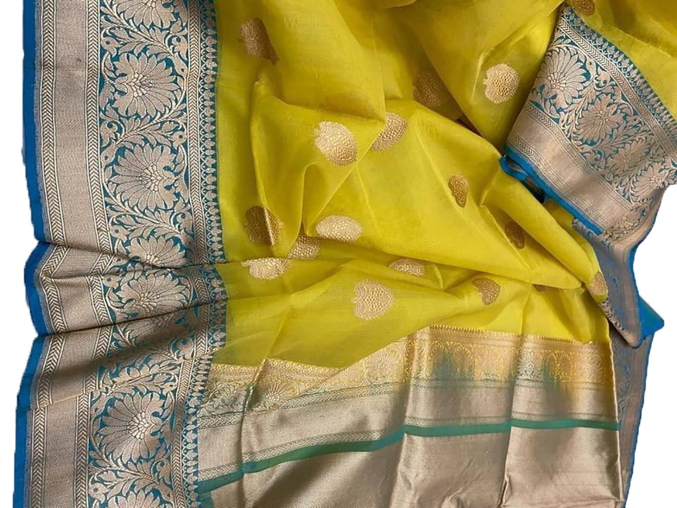 Yellow Handloom Banarasi Pure Kora Silk Saree - Luxurion World