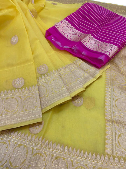 Yellow Handloom Banarasi Pure Kora Organza Silk Saree - Luxurion World