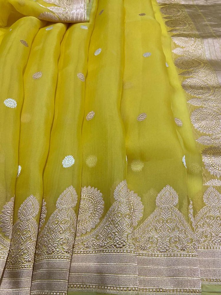 Yellow Handloom Banarasi Pure Kora Silk Saree - Luxurion World