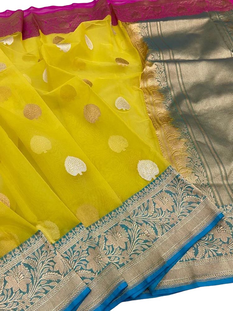 Yellow Handloom Banarasi Pure Kora Silk Ganga Jamuna Border Saree - Luxurion World