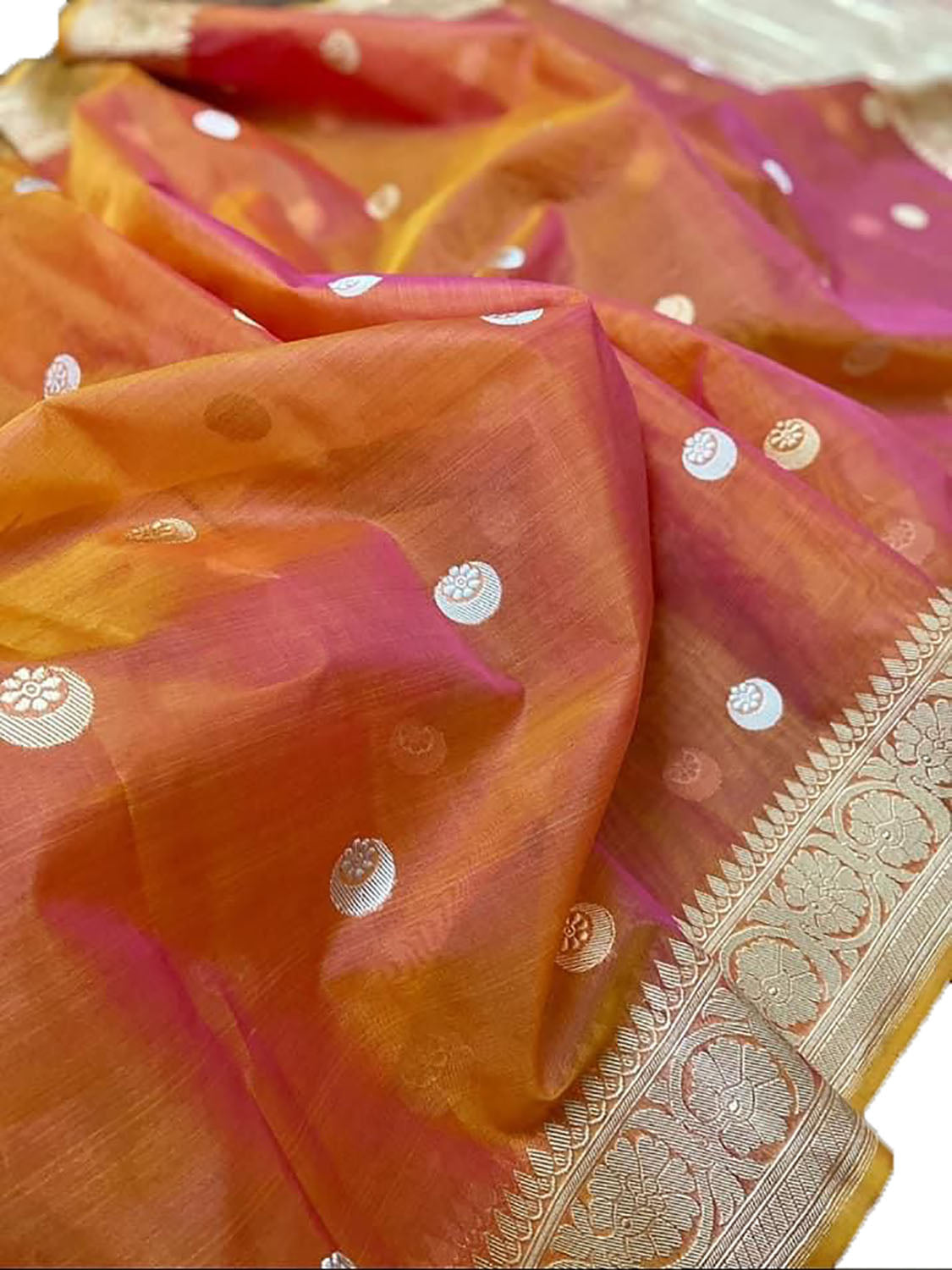 Orange Banarasi Handloom Kora Silk Chand Booti Sona Roopa Saree - Luxurion World