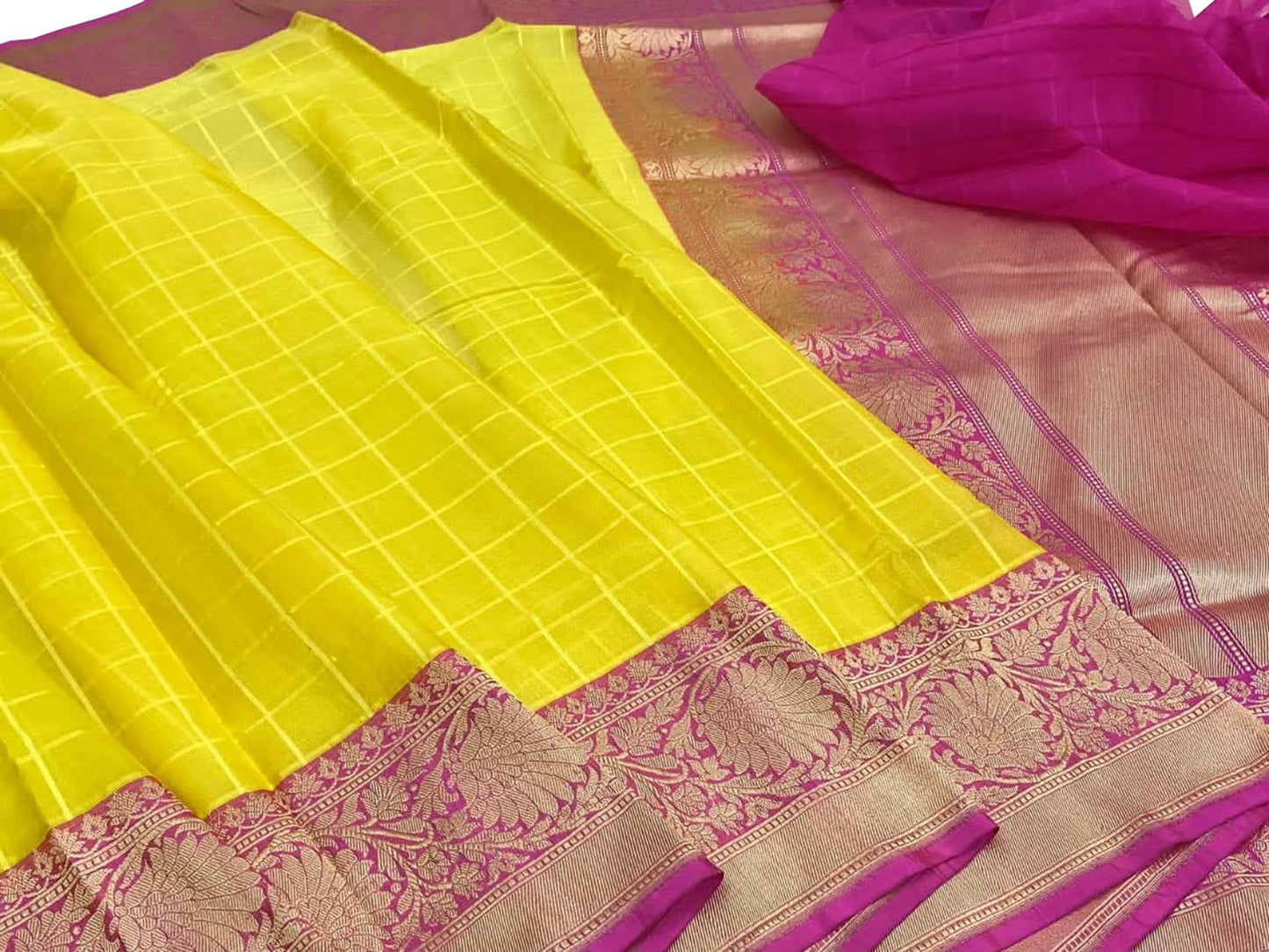 Yellow Handloom Banarasi Pure Kora Silk Checks Design Saree - Luxurion World