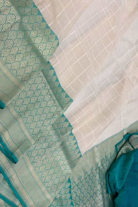Off White Handloom Banarasi Pure Kora Silk Checks Design Saree - Luxurion World