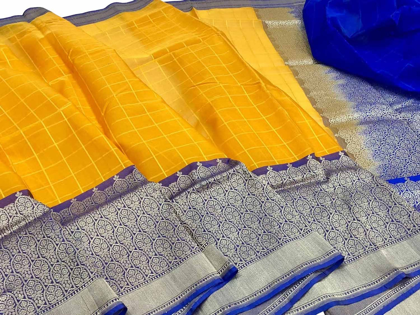 Yellow Handloom Banarasi Pure Kora Silk Checks Design Saree - Luxurion World