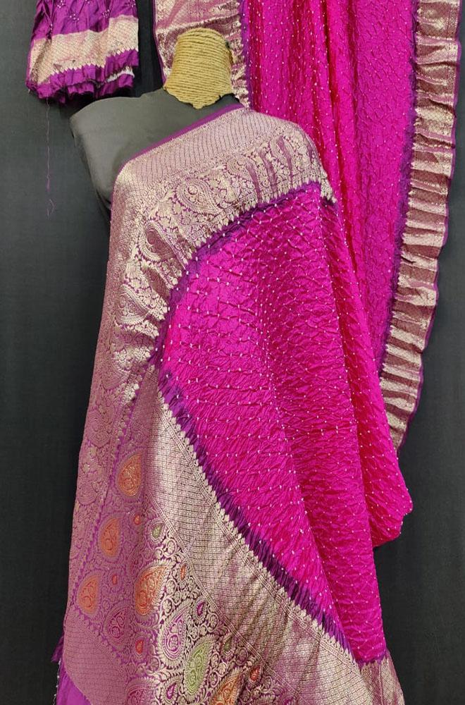 Purple Bandhani Pure Silk Kanjeevaram Border Saree - Luxurion World