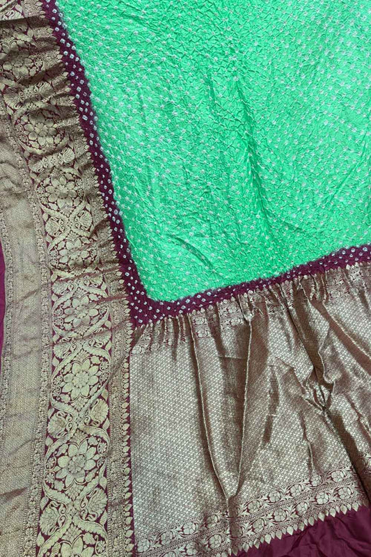 Green Kanjeevaram Bandhani Pure Silk Saree with Bandhej - Luxurion World