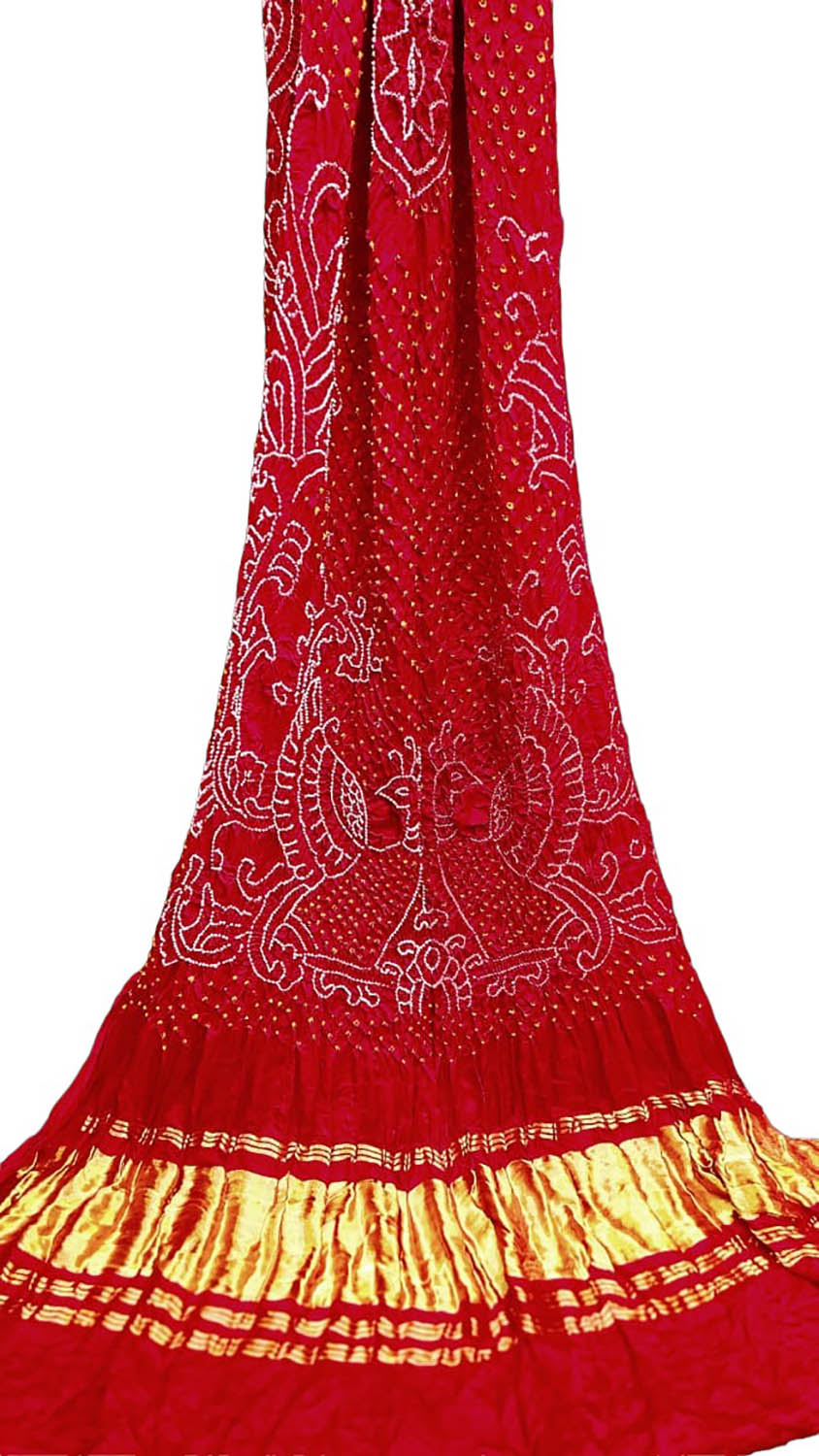 Red Bandhani Pure Gajji Silk Rai Bhandhej Dupatta - Luxurion World