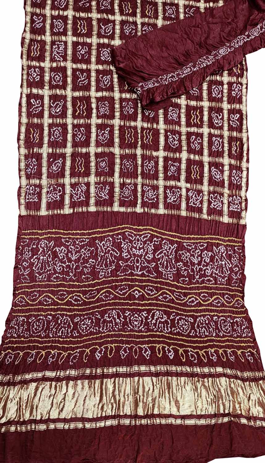 Stunning Maroon Bandhani Gajji Silk Gharchola Saree with Intricate Work - Luxurion World