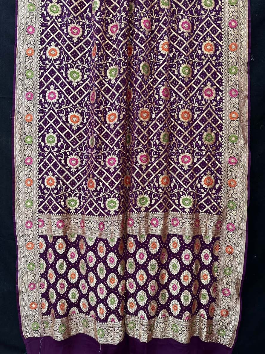 Purple Banarasi Bandhani Pure Georgette Meenakari Saree - Luxurion World