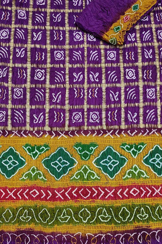 Purple Bandhani Pure Gajji Silk Gharchola Saree With Multicolor Pallu