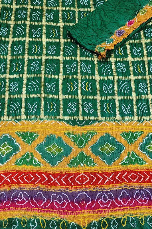 Green Bandhani Pure Gajji Silk Gharchola Saree With Multicolor Pallu - Luxurion World