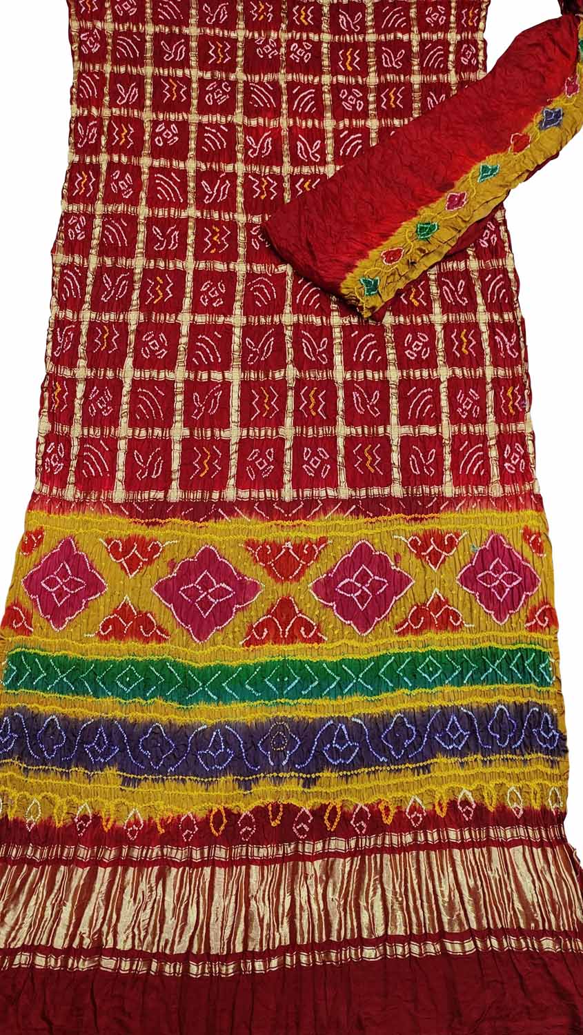 Red Bandhani Pure Gajji Silk Gharchola Saree With Multicolor Pallu - Luxurion World