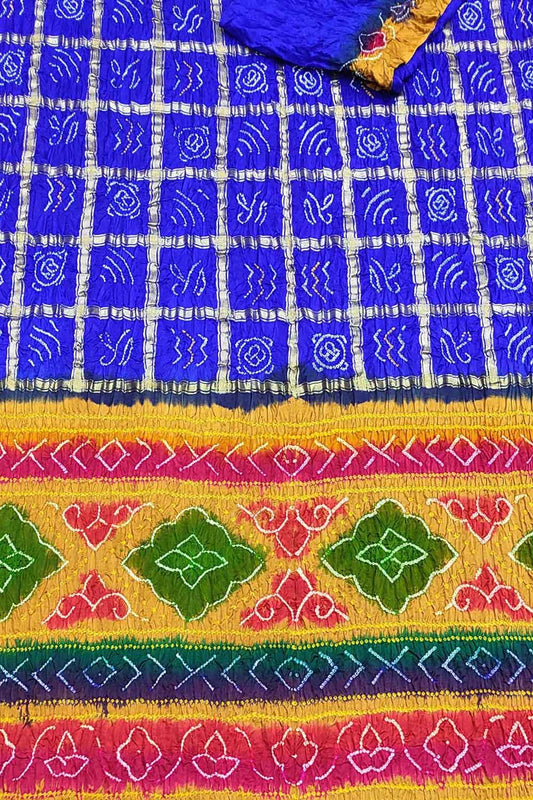 Blue Bandhani Pure Gajji Silk Gharchola Saree With Multicolor Pallu