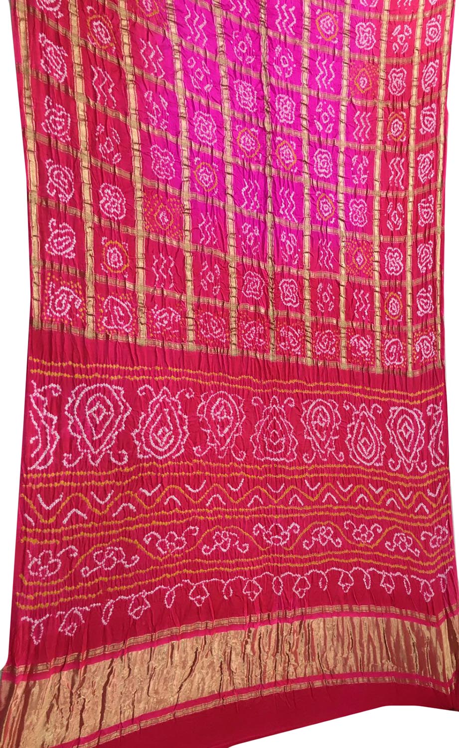 Pink And Red Checks Bandhani Pure Gajji Silk Gharchola Saree - Luxurion World