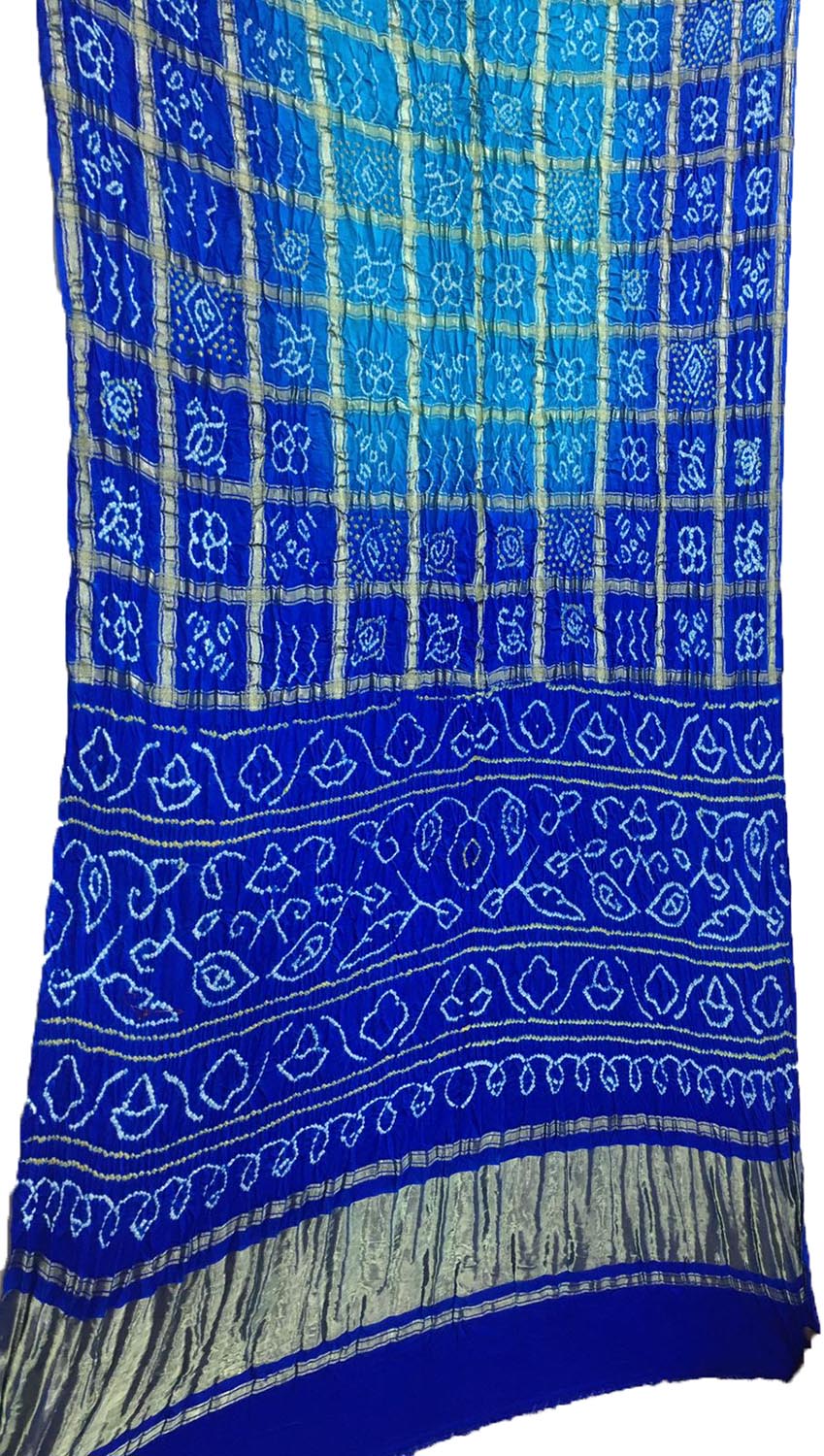 Blue Checks Bandhani Pure Gajji Silk Gharchola Saree - Luxurion World