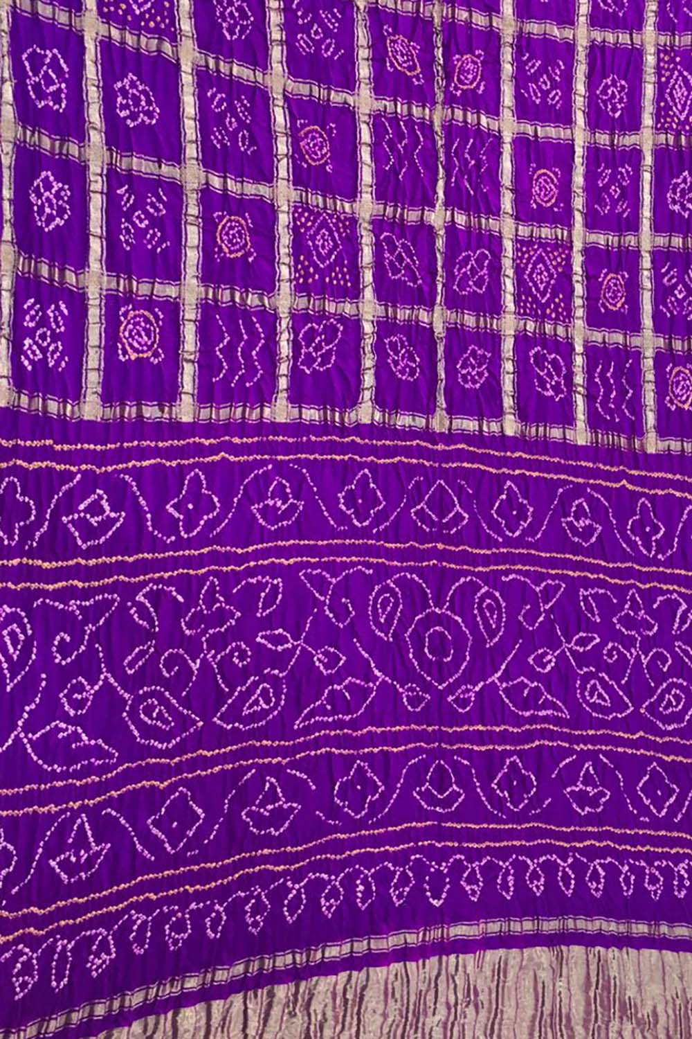 Purple Checks Bandhani Pure Gajji Silk Gharchola Saree - Luxurion World