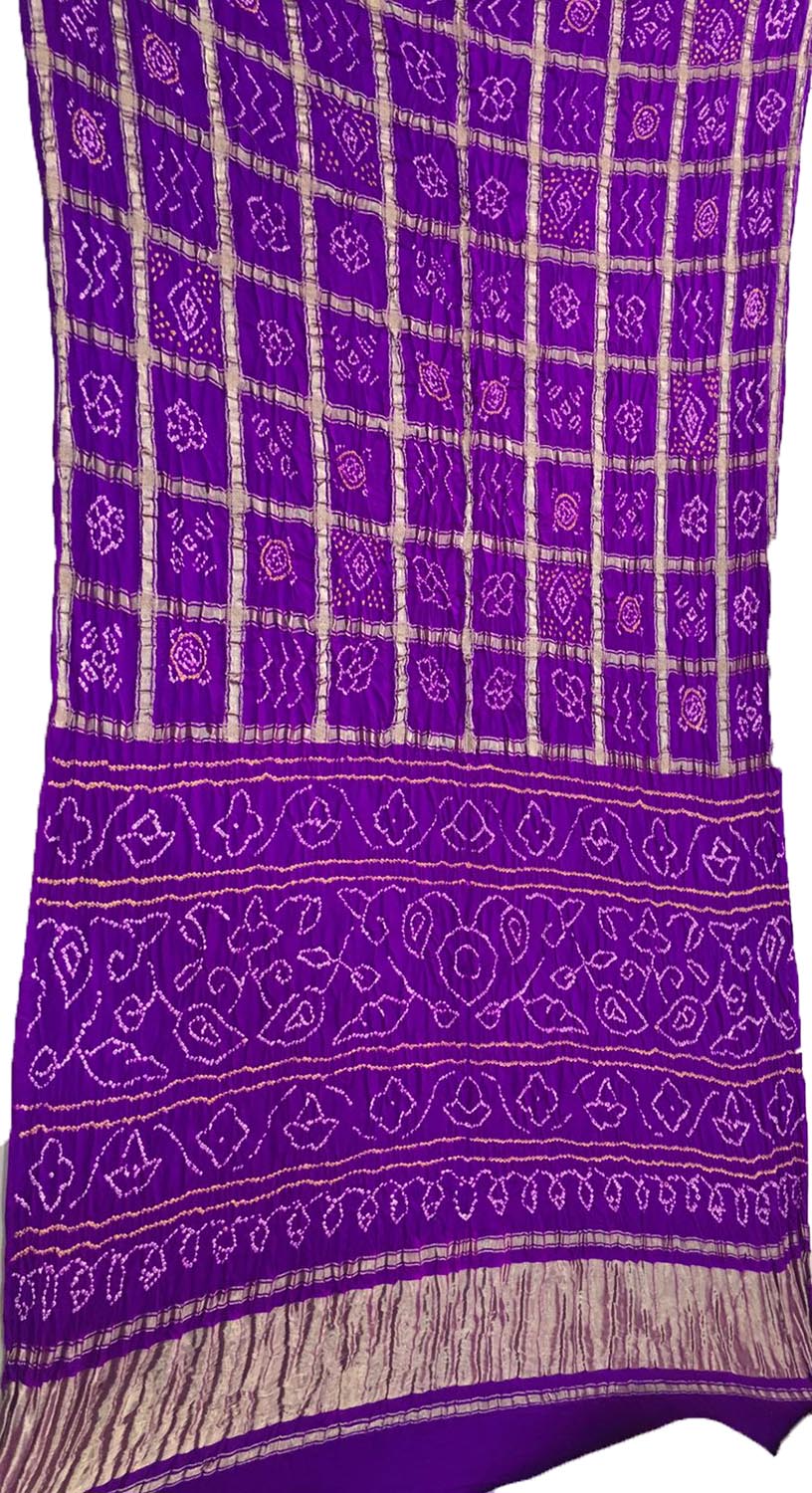 Purple Checks Bandhani Pure Gajji Silk Gharchola Saree - Luxurion World