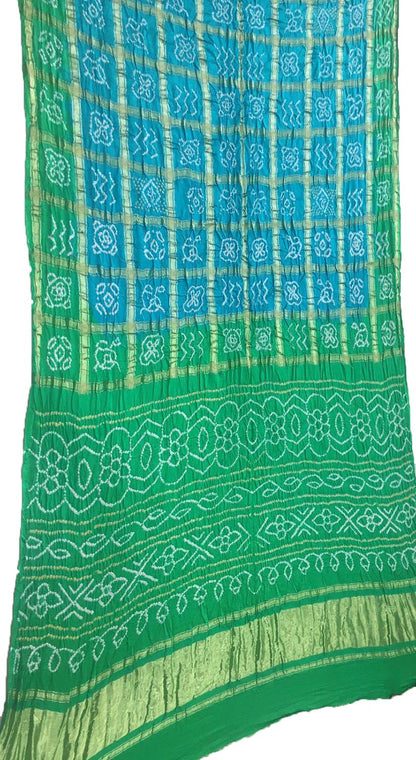 Blue And Green Checks Bandhani Pure Gajji Silk Gharchola Saree - Luxurion World
