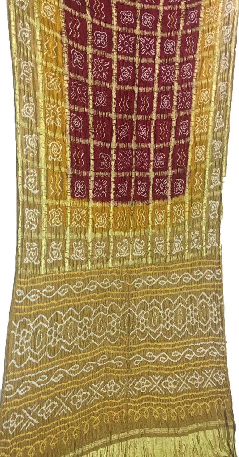 Maroon And Pastel Checks Bandhani Pure Gajji Silk Gharchola Saree - Luxurion World
