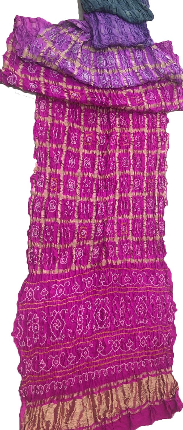 Purple Checks Bandhani Pure Gajji Silk Gharchola Saree - Luxurion World