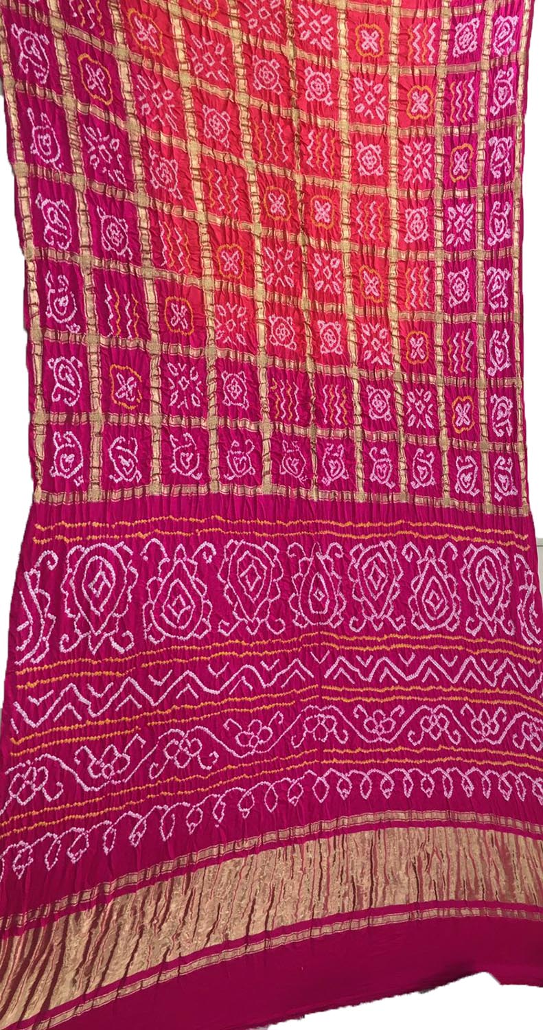 Orange And Purple Checks Bandhani Pure Gajji Silk Gharchola Saree - Luxurion World