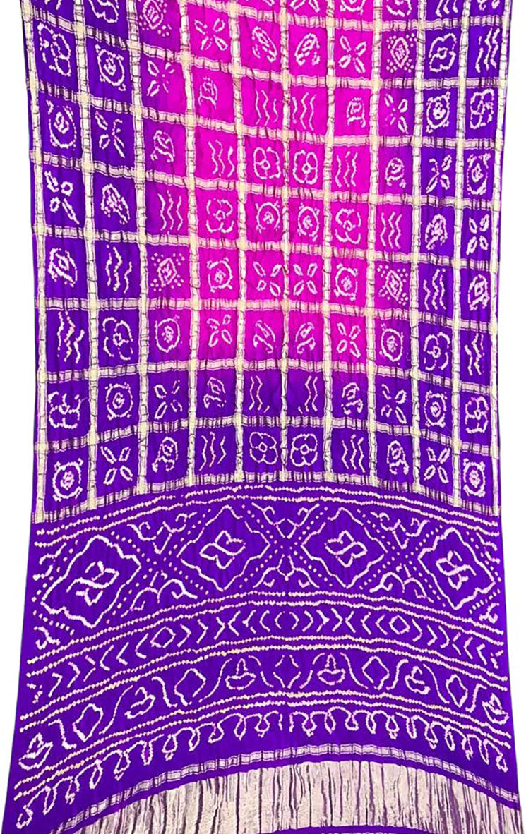 Purple Checks Bandhani Pure Gajji Silk Saree - Luxurion World