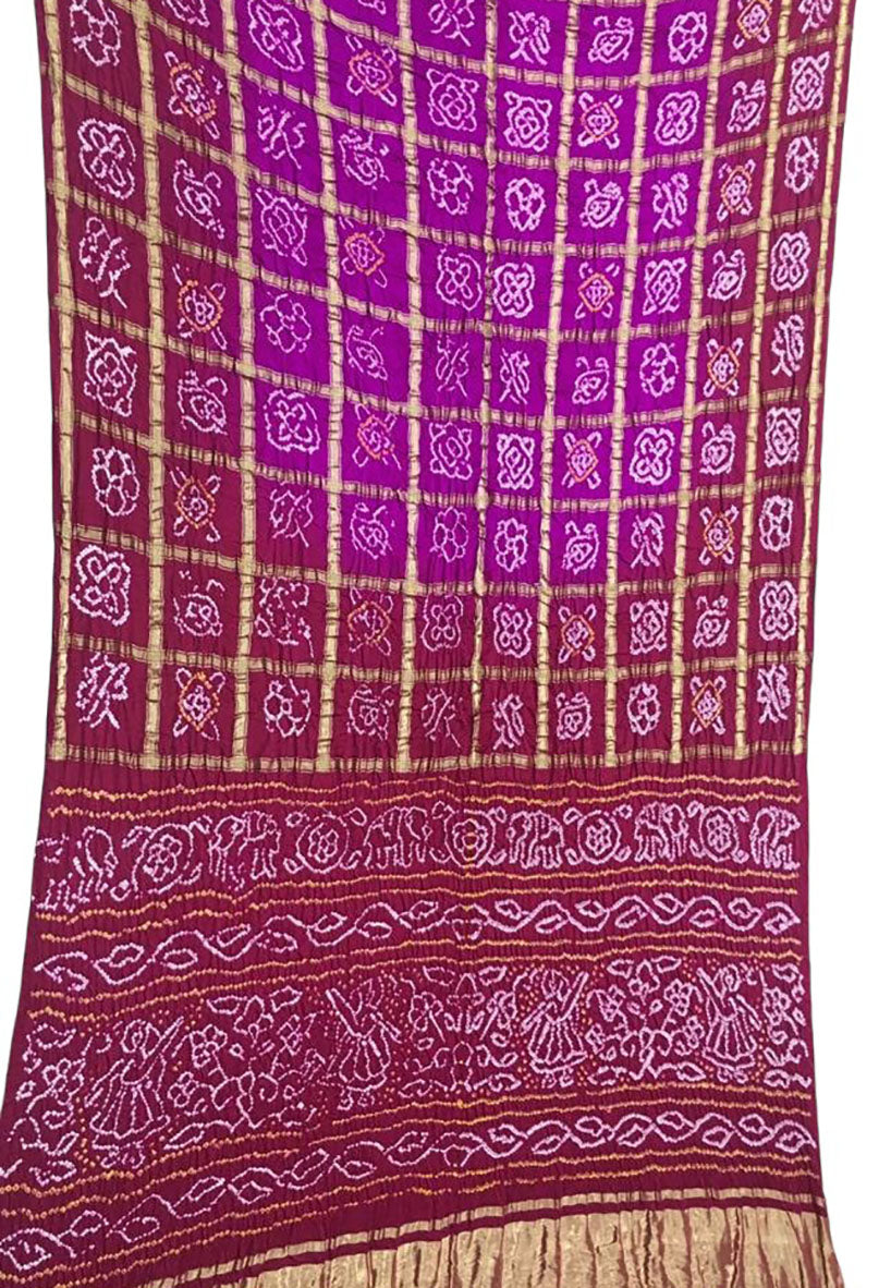 Maroon Checks Bandhani Pure Gajji Silk Saree - Luxurion World